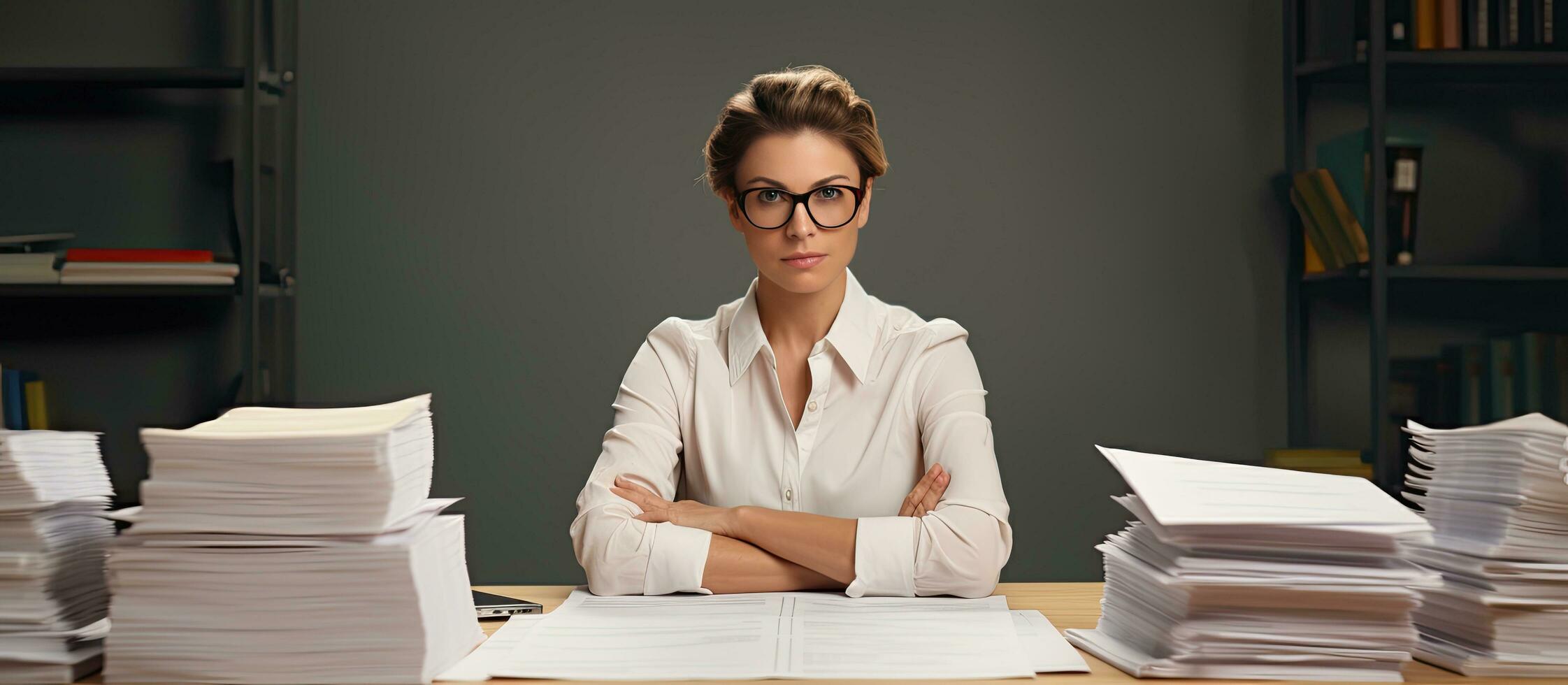 une caucasien femme entrepreneur ou secrétaire séance à sa Bureau bureau vérification les documents et signature une Contrat tandis que portant une chemise photo