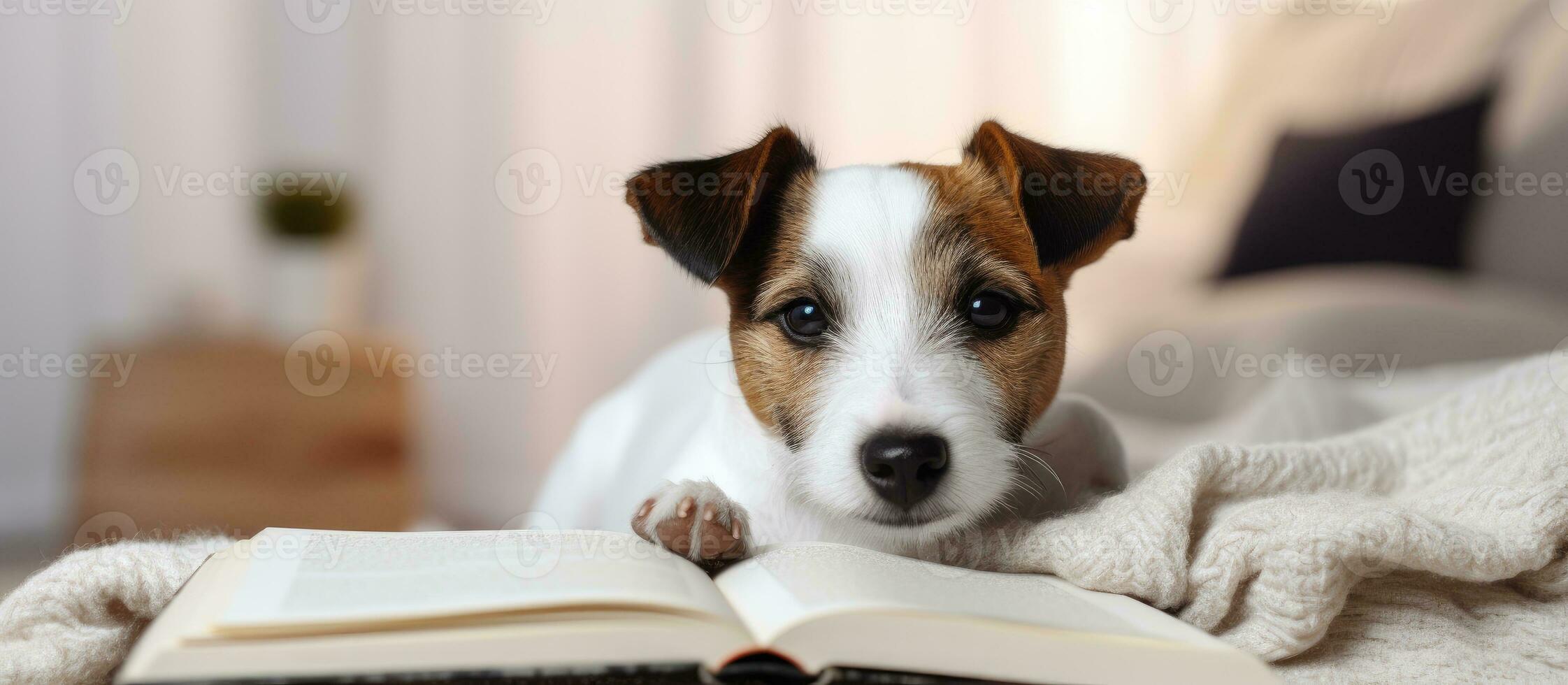 femme et chien séance sur une canapé à Accueil en train de lire une livre photo