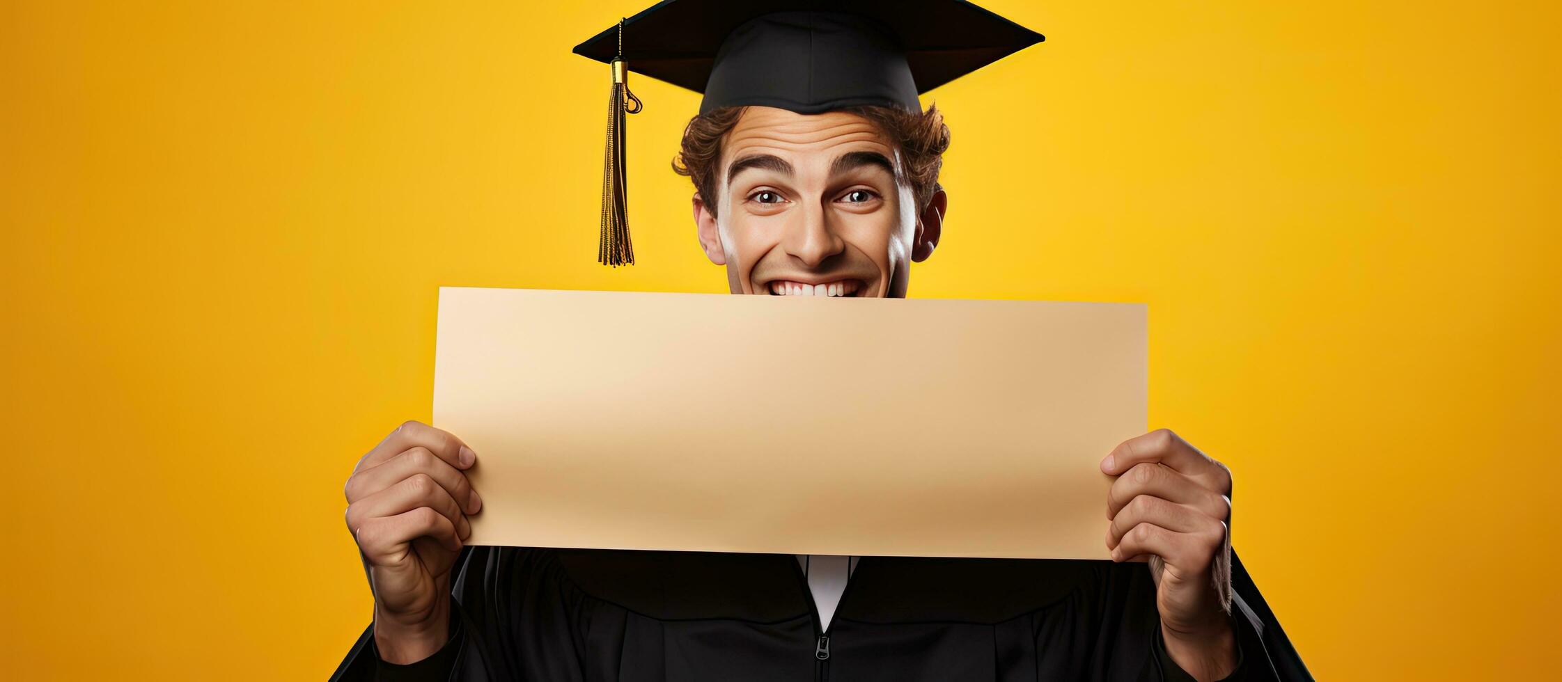 concentrer sur excité diplômé Jeune homme en portant Vide affiche sur Jaune studio Contexte photo