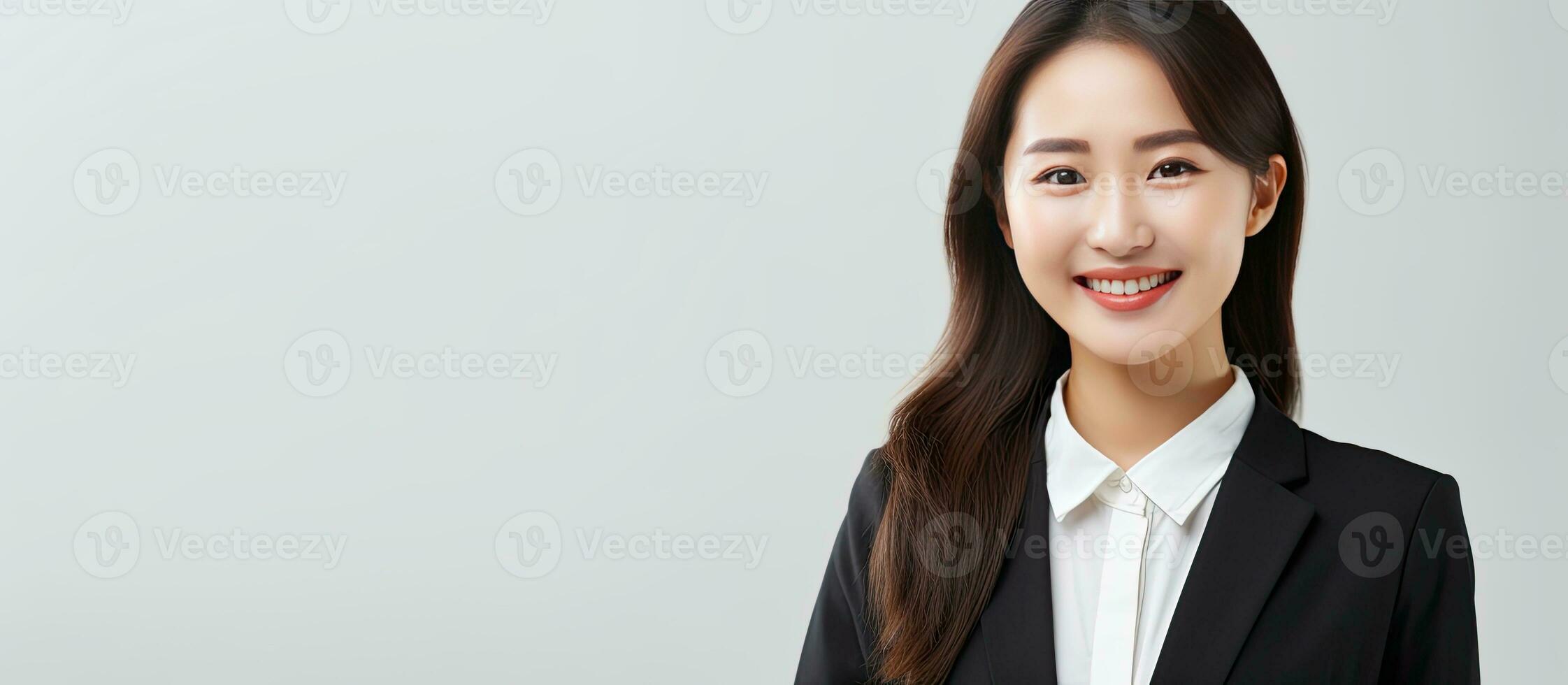 réussi asiatique femme d'affaires avec tablette sur blanc Contexte photo