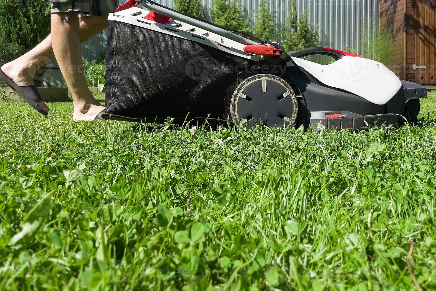 un homme tond l'herbe, gros plan photo