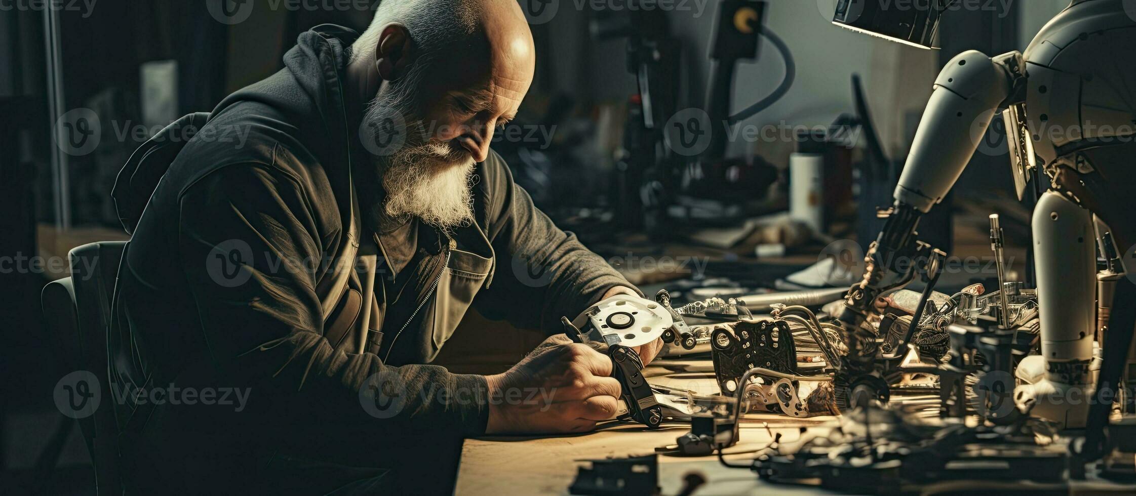Sénior homme bâtiment jambe prothèses soigneusement mesure les pièces dans atelier photo