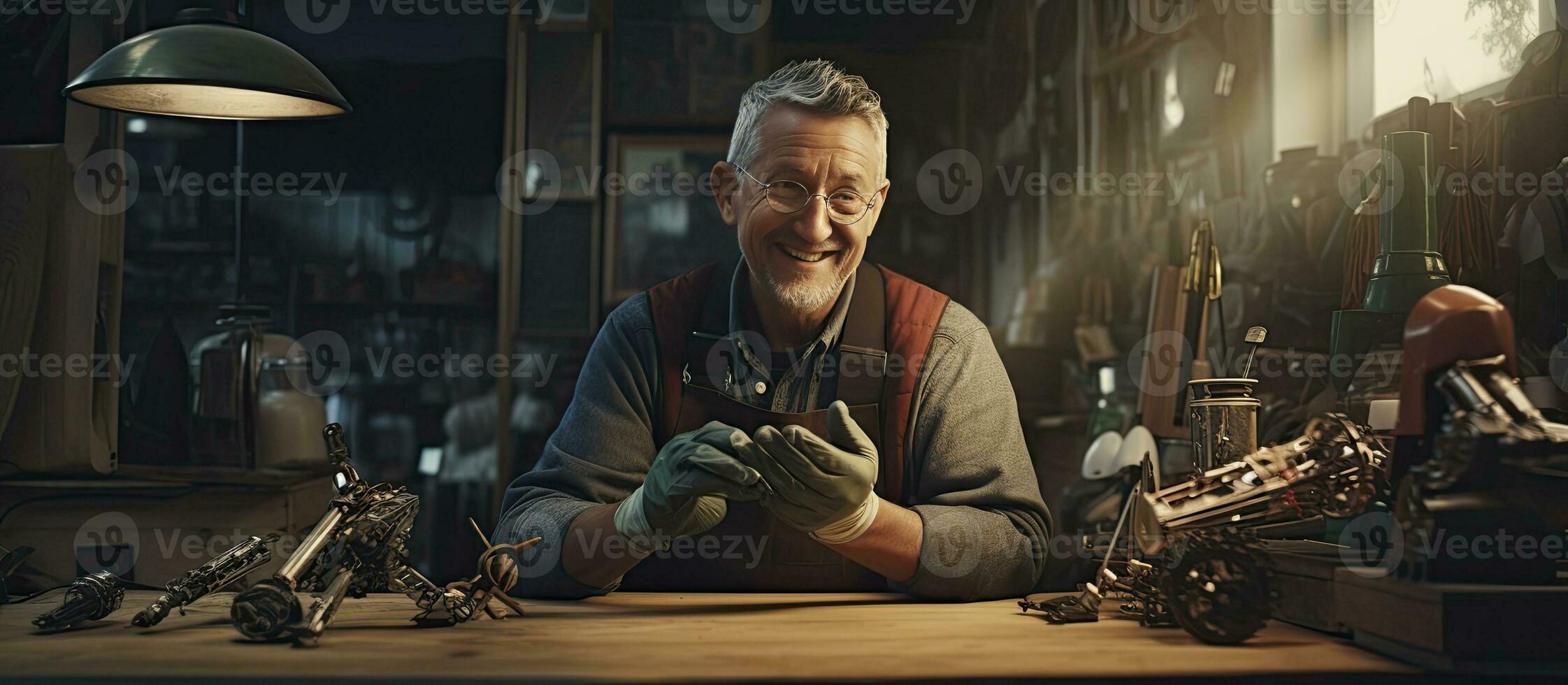 Sénior artisan inspecter main prothèses dans atelier copie espace portrait photo