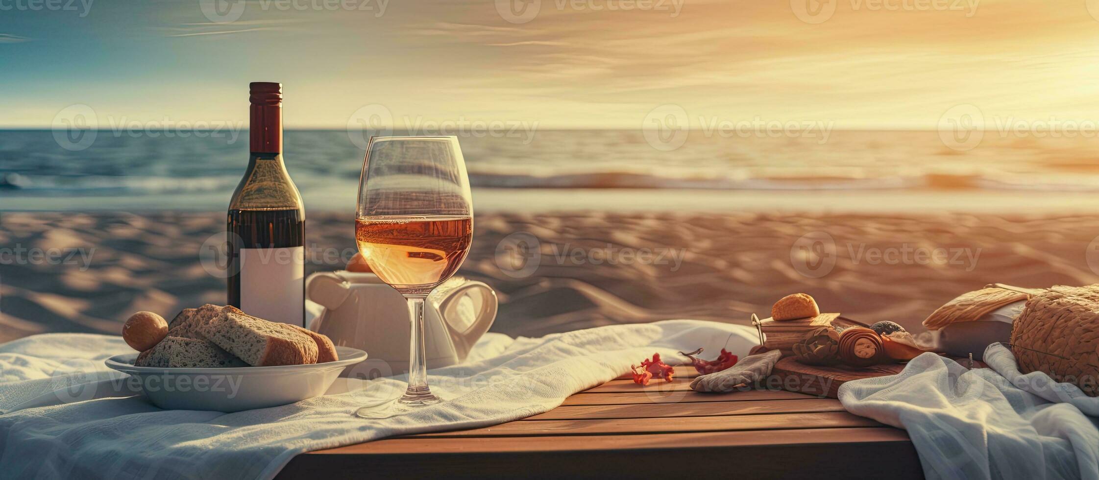 copie espace disponible pour une soumissionner moment comme une content couple jouit une romantique plage pique-nique avec du vin photo