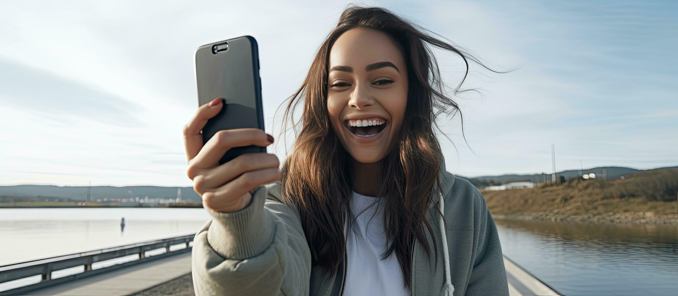 souriant Latin femme prise une selfie par le rivière portant gris vêtements avec ciel dans Contexte photo