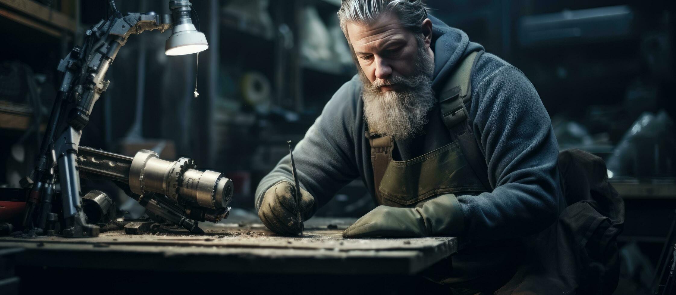 Sénior homme bâtiment jambe prothèses soigneusement mesure les pièces dans atelier photo