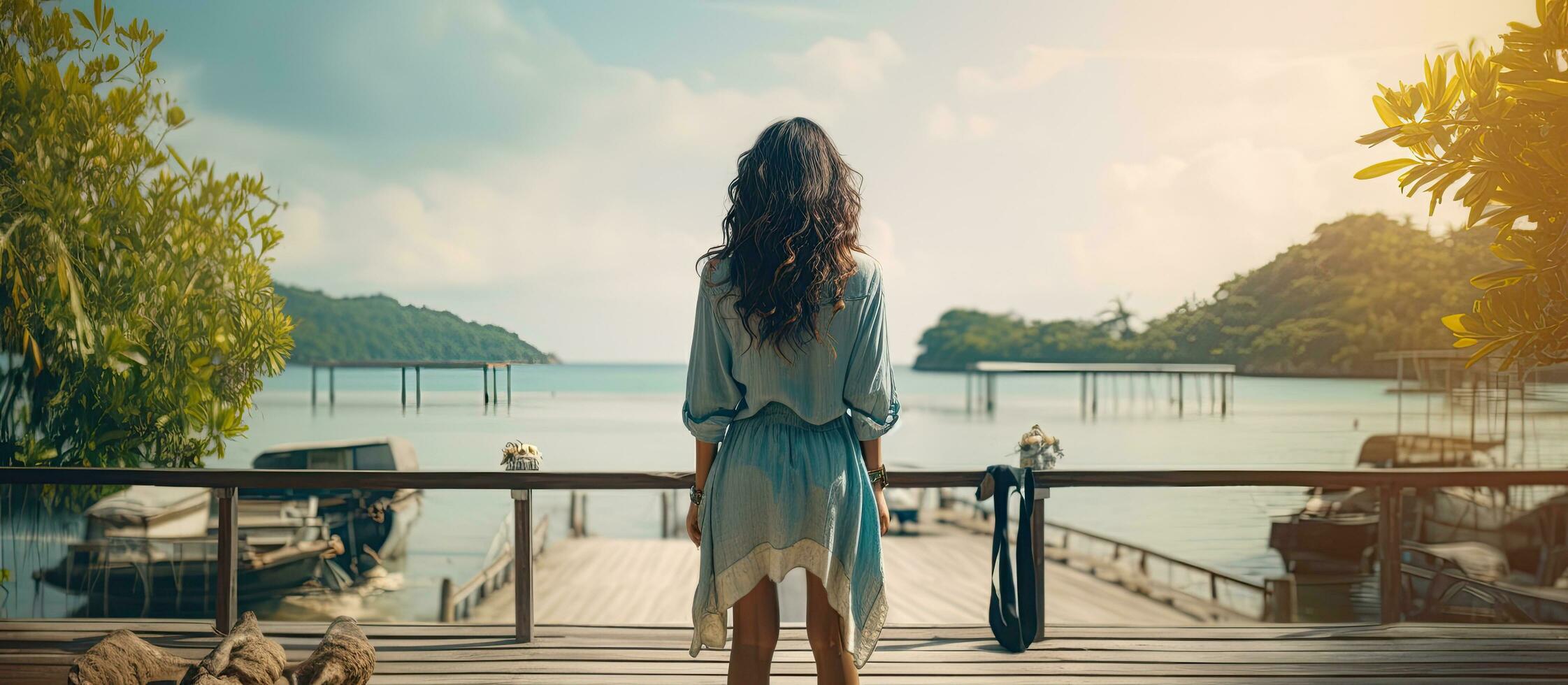 Jeune Latin femme contenu créateur tournage sur une jetée à faire une vidéo Blog photo