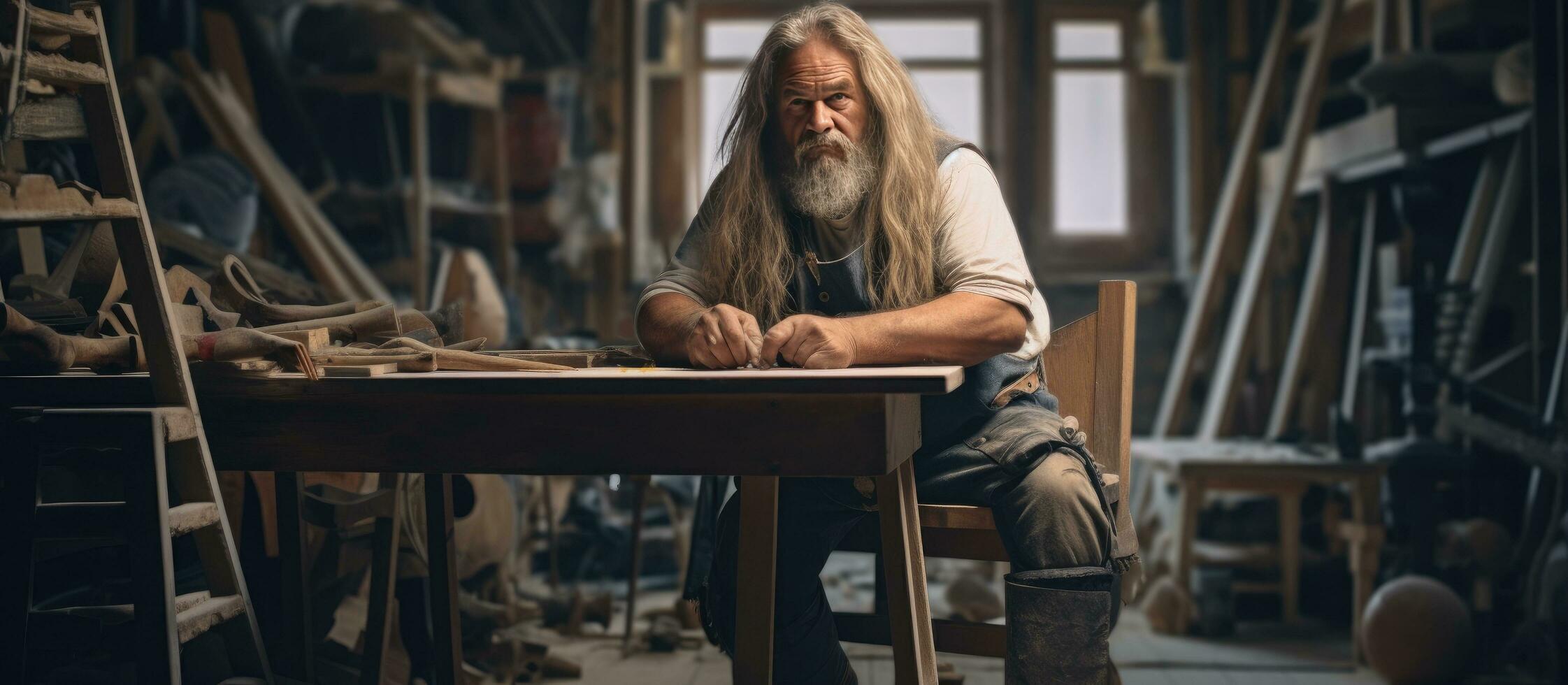 personnes âgées artisan avec longue cheveux fabrication en bois jambe prothèses dans atelier vide zone pour texte photo