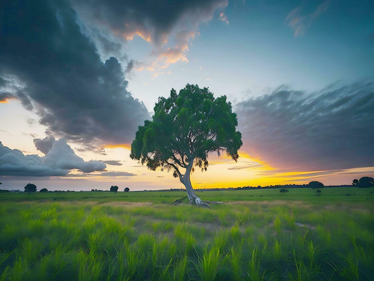 gratuit photo large angle coup de une Célibataire arbre croissance en dessous de une assombri ciel pendant une le coucher du soleil entouré par herbe