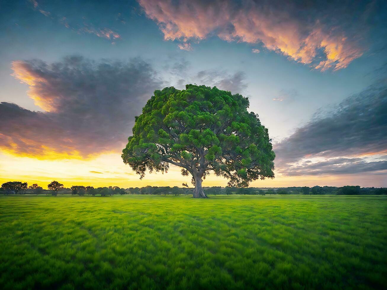 gratuit photo large angle coup de une Célibataire arbre croissance en dessous de une assombri ciel pendant une le coucher du soleil entouré par herbe