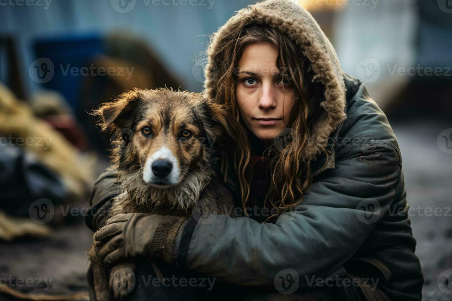 sans abri femme avec chien photo