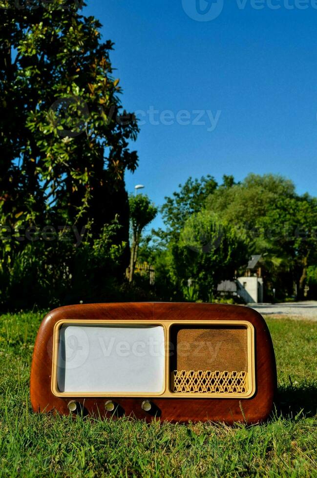 un vieux façonné radio est assis sur le herbe photo