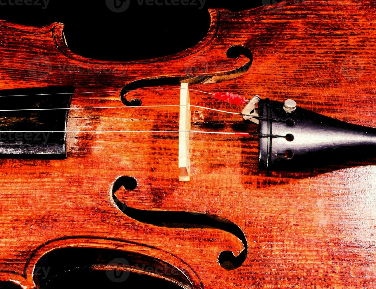 une proche en haut de une violon sur une noir Contexte photo
