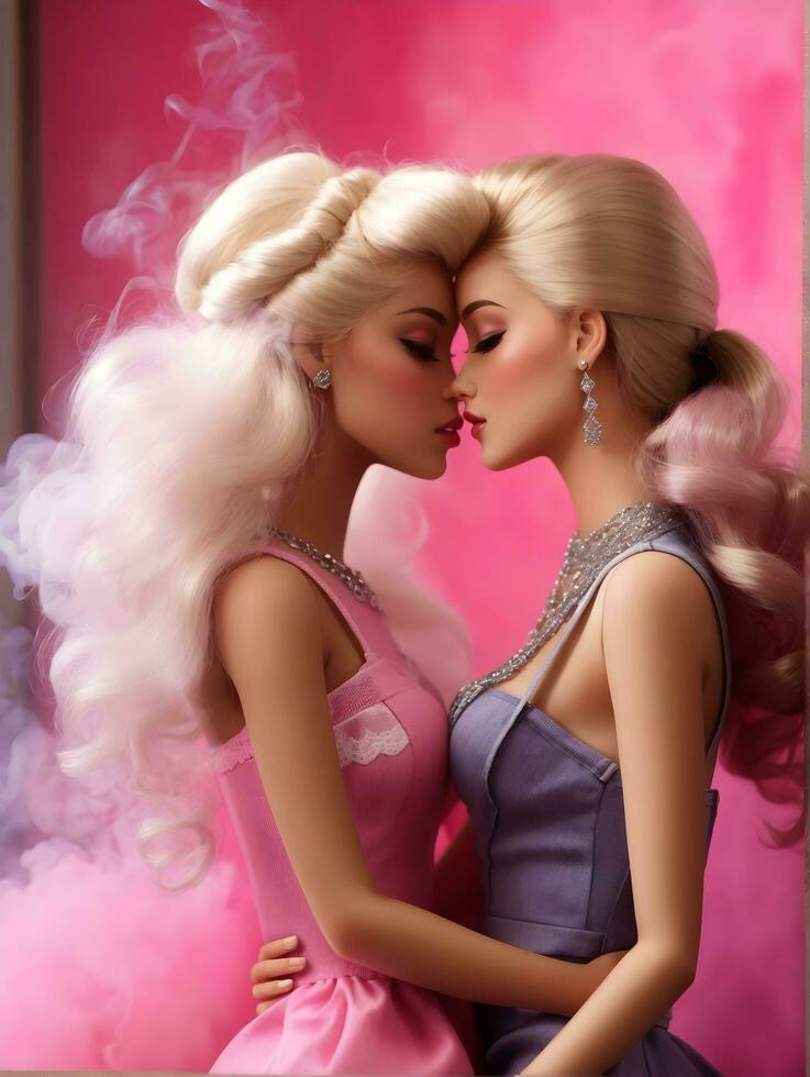 ai génératif lesbienne Barbie poupée embrasser un autre Barbie poupée sur rose Contexte photo