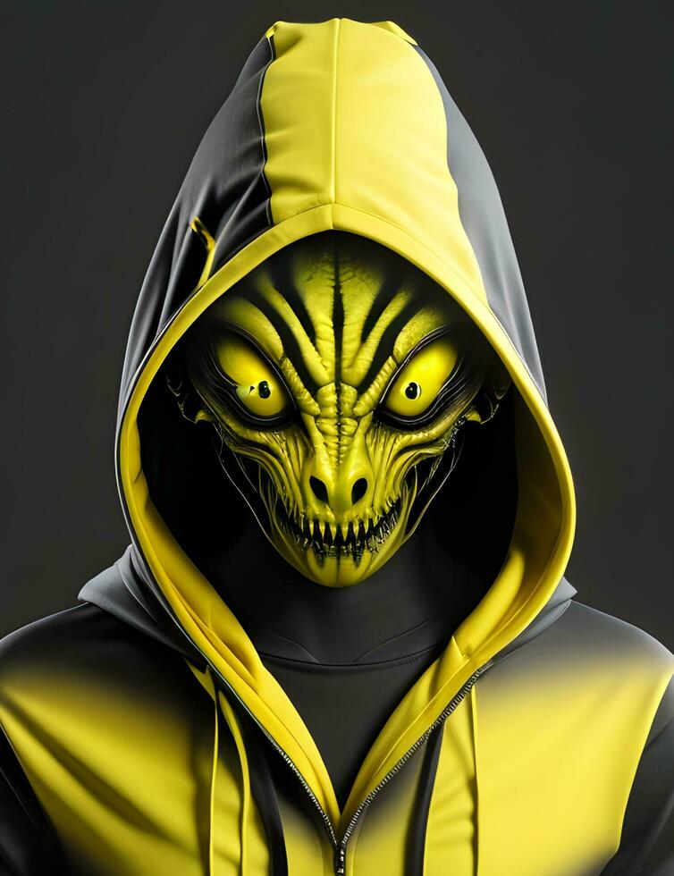 ai généré portrait de noir et Jaune futuriste extraterrestre créature dans noir sweat à capuche sur blanc Contexte photo