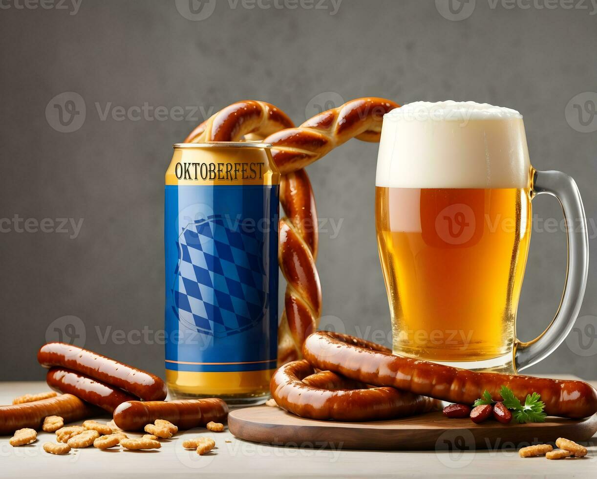 oktoberfest arrière-plan, bière, saucisses et bretzels sur une en bois table fond d'écran, bannière photo