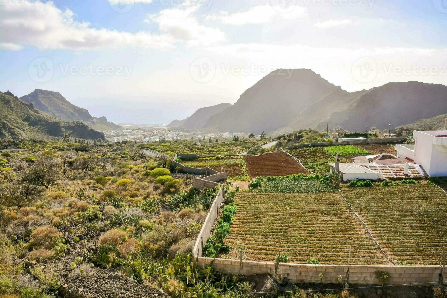 une vue de une ferme dans le montagnes photo