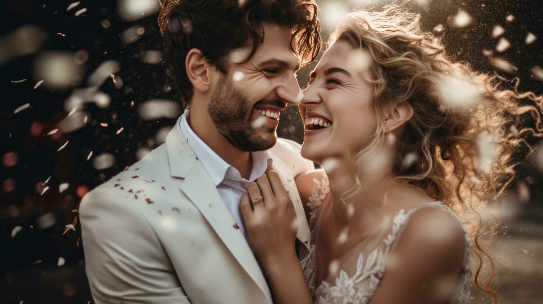 les mariées et mariés souriant, avec l'eau gouttes jeté photo