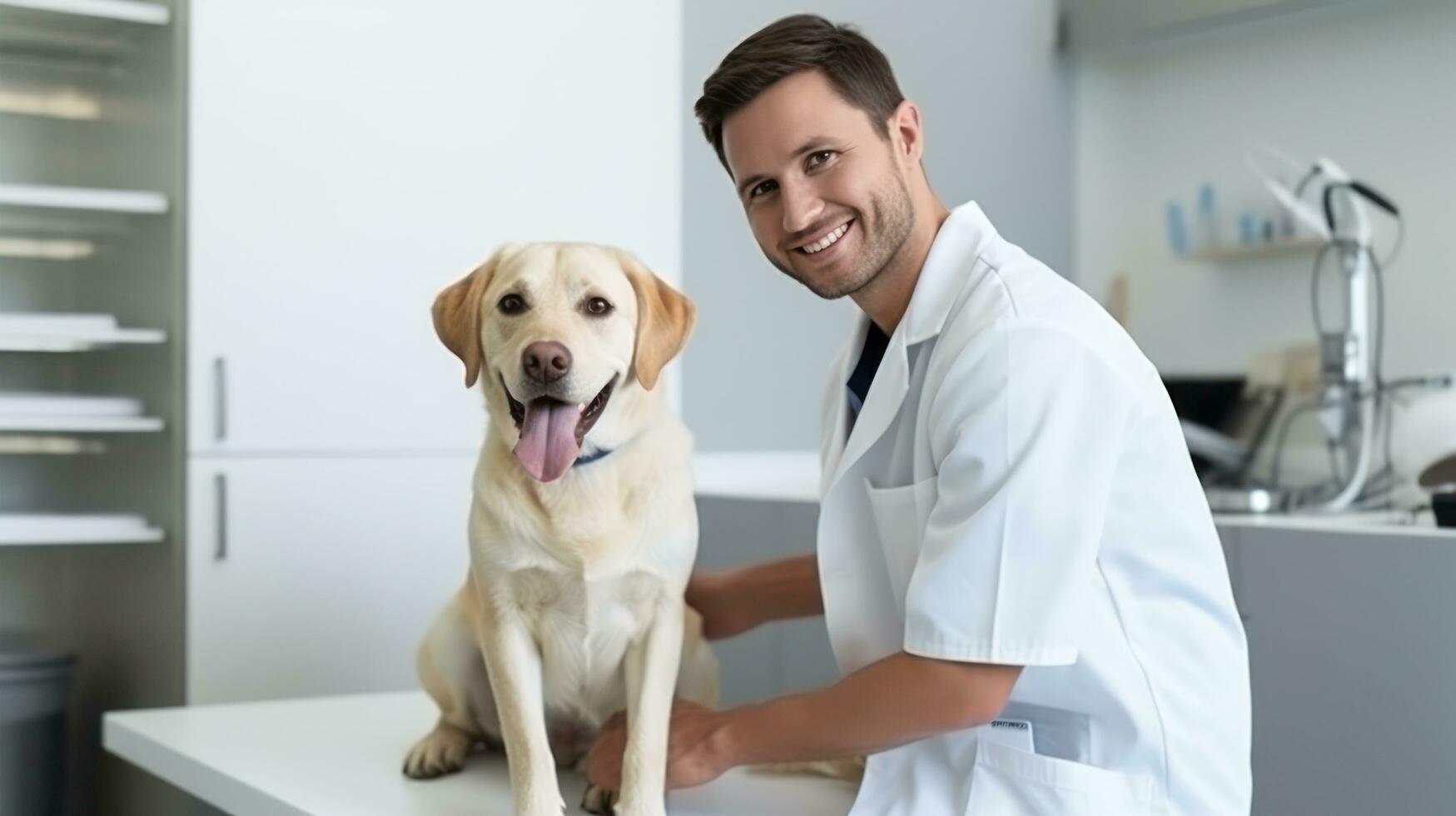 une vétérinaire dans une clinique à la recherche à une chien photo