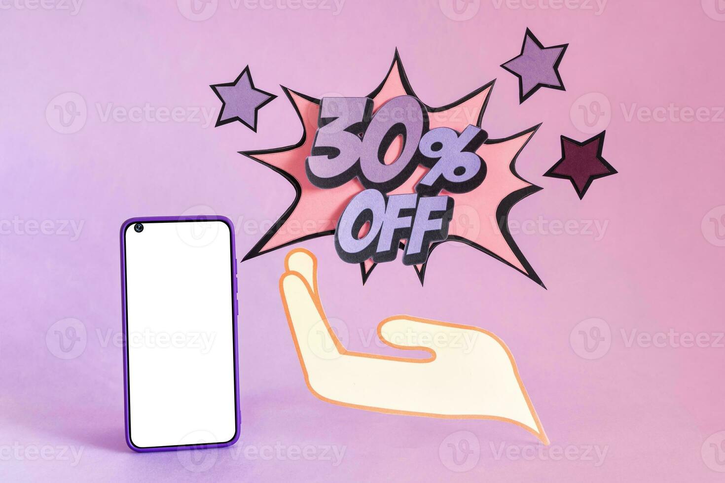 30 pour cent remise sur en ligne achats. en ligne des offres, bande dessinée style Nombres suivant à une téléphone portable, sur une violet Contexte. photo