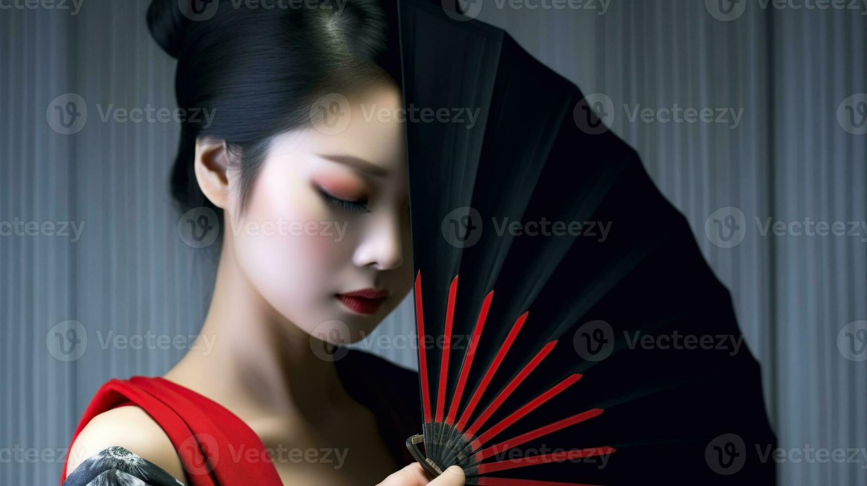 asiatique femme avec traditionnel ventilateur et se maquiller. génératif ai photo