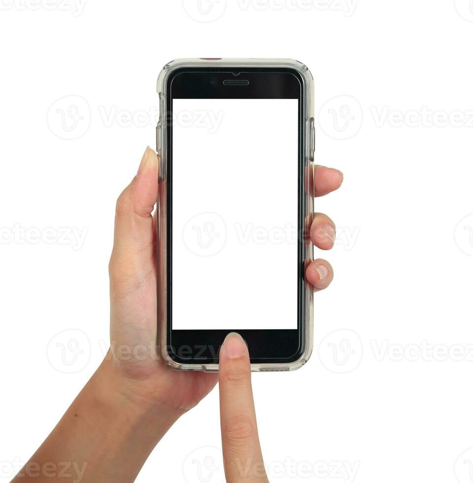 femelle main en portant verticale intelligent téléphone, utilisation coupure chemin photo