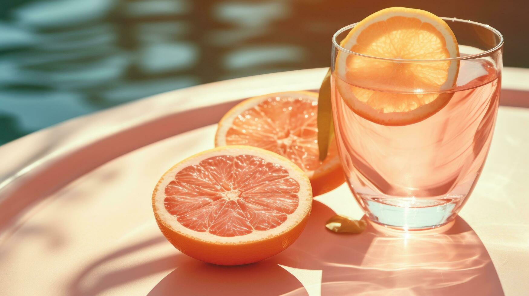 Orange boisson dans une verre à côté de bassin photo