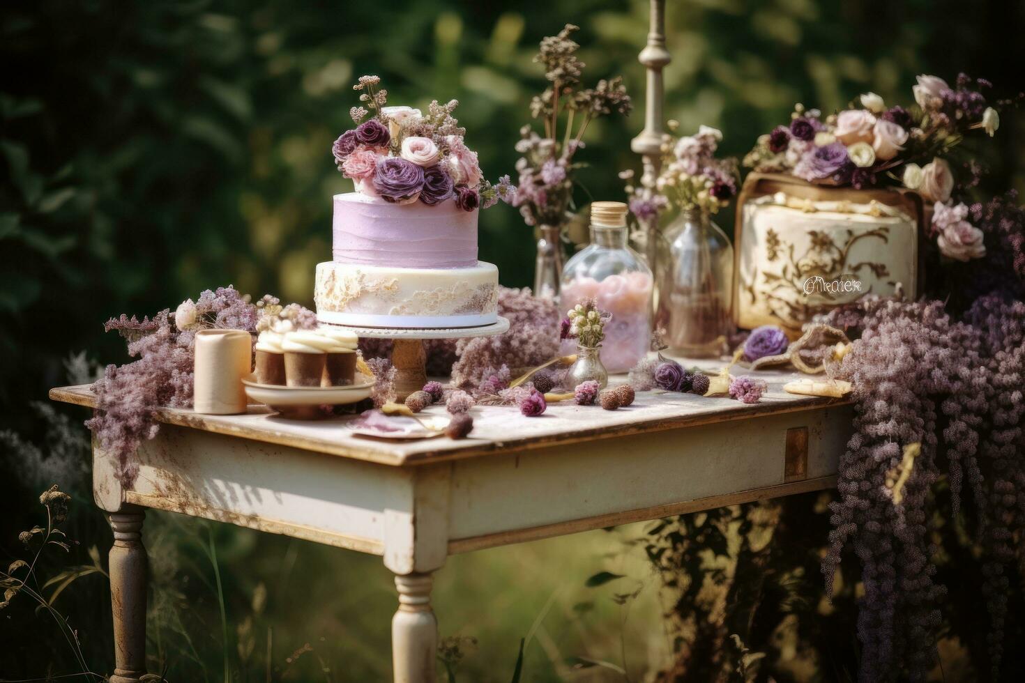 une gâteau table dans un en plein air réglage photo