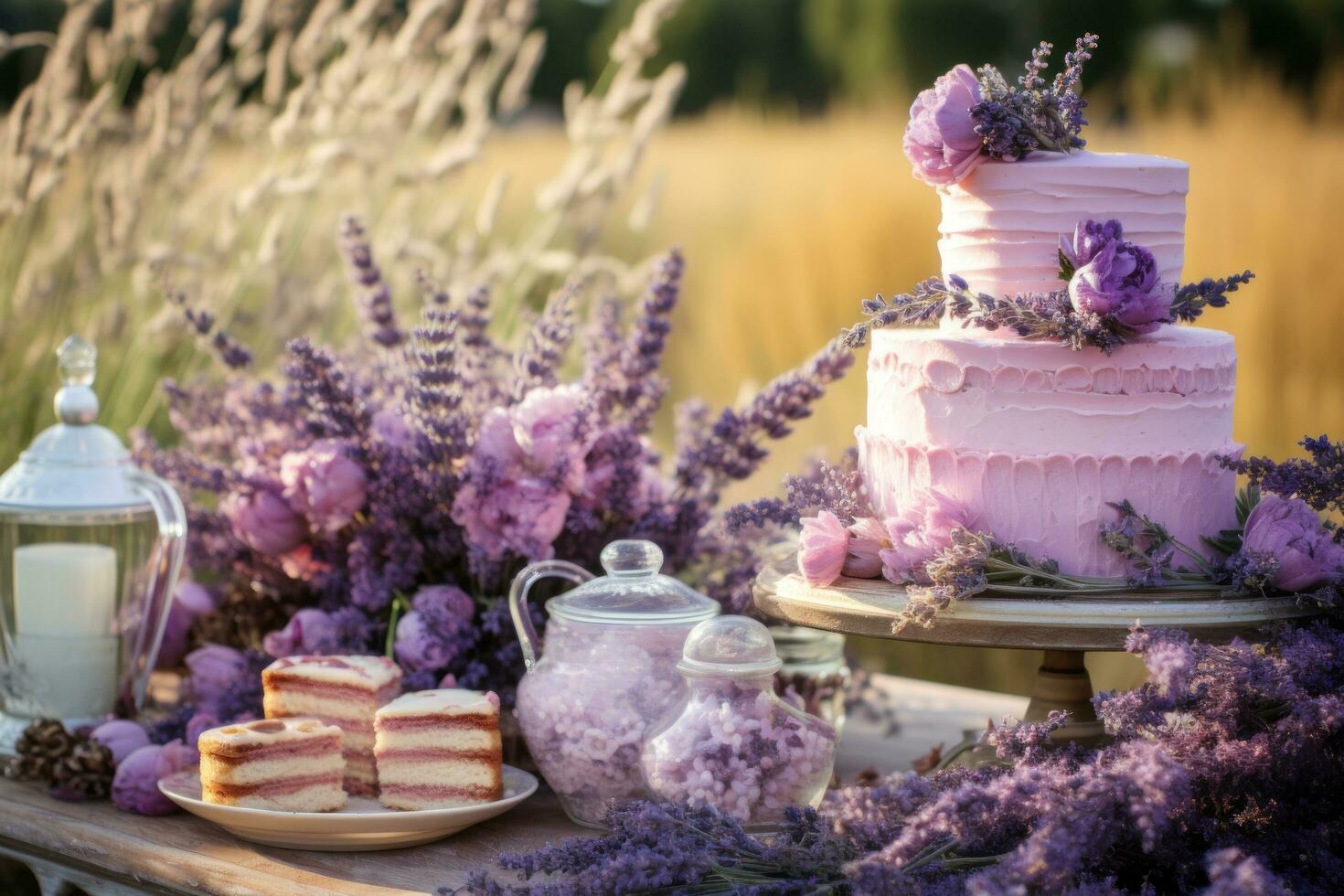 une gâteau table dans un en plein air réglage photo