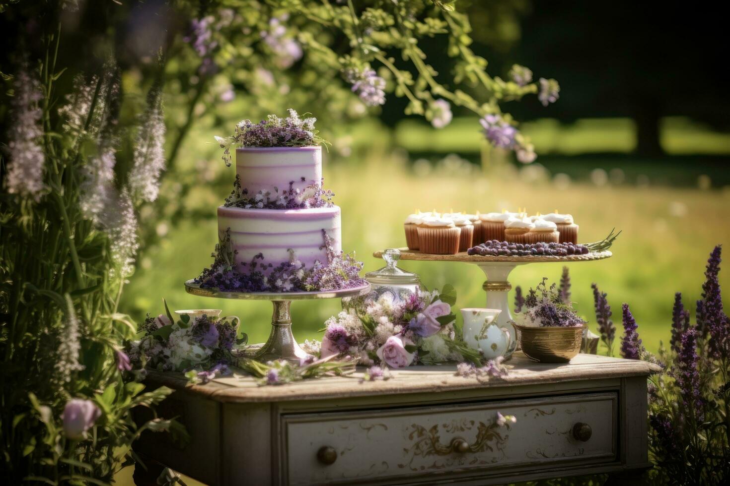 une gâteau table dans un en plein air réglage photo