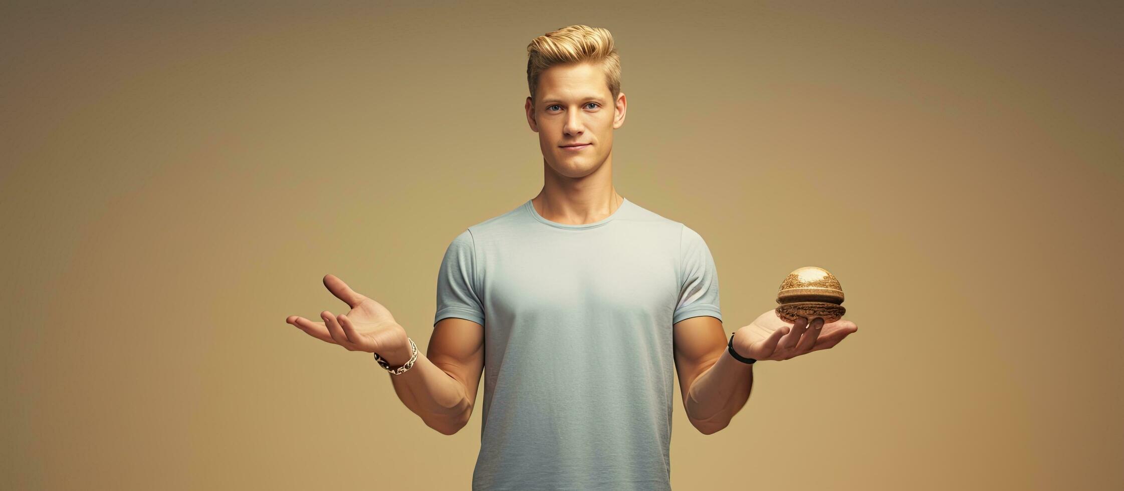 blond adulte homme en portant un objet affichage il pour La publicité photo