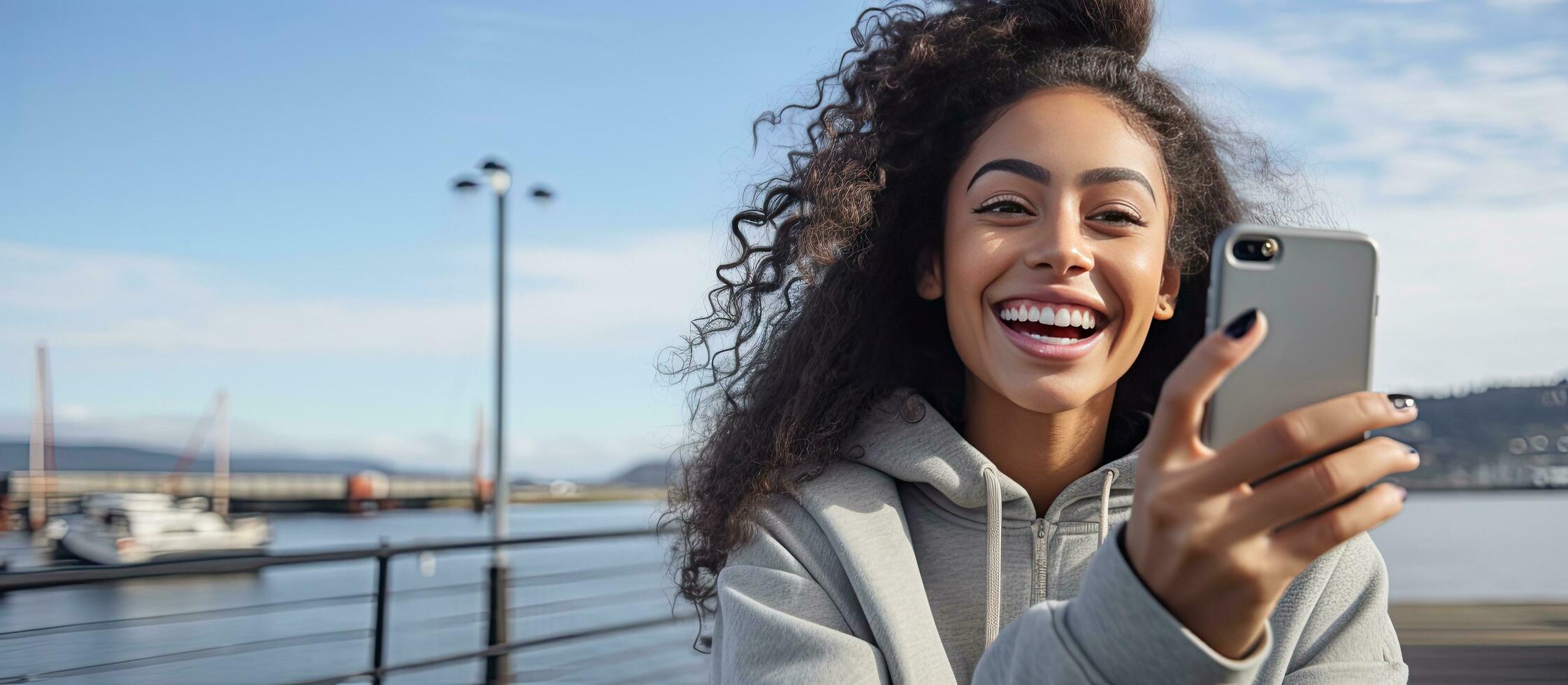 souriant Latin femme prise une selfie par le rivière portant gris vêtements avec ciel dans Contexte photo