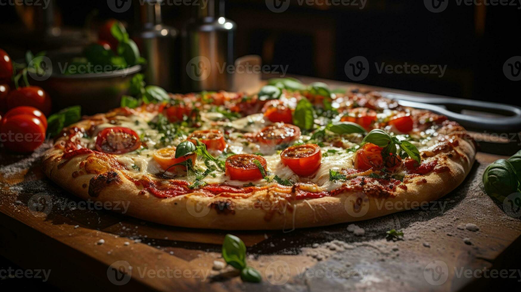 saveur le saveur de une l'eau à la bouche Pizza margherita avec mûr tomates. génératif ai. photo