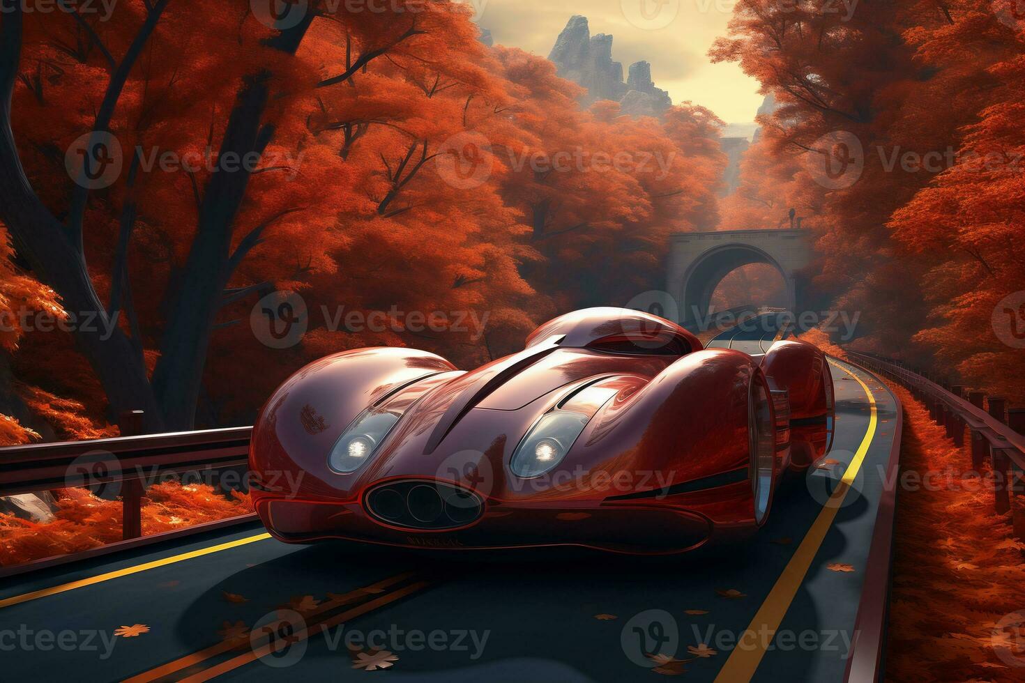 une futuriste rouge voiture sur le route tomber décorations. ai généré. photo