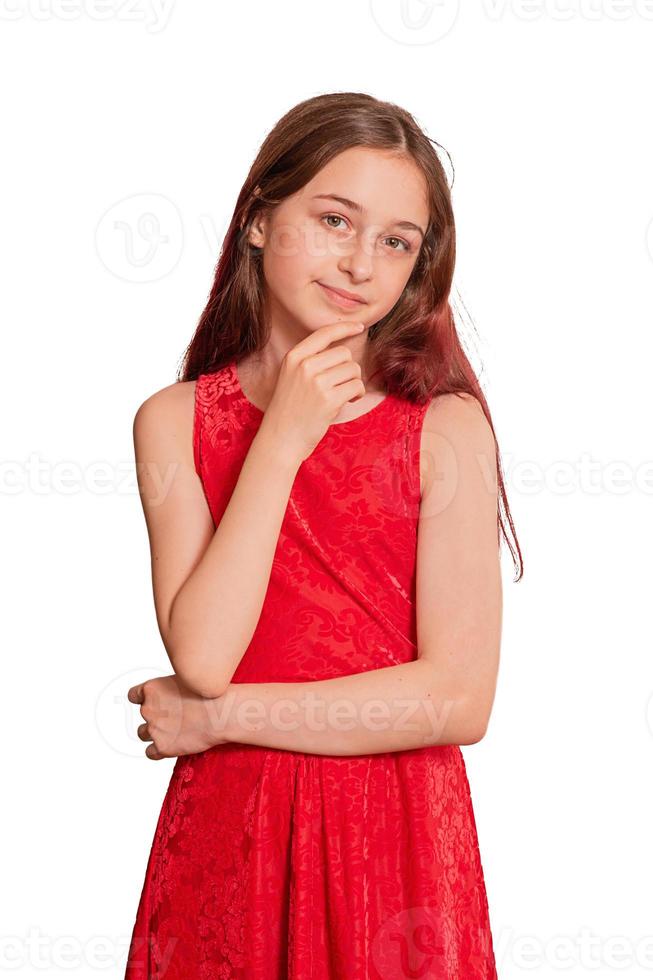 adolescente, dans, a, robe rouge, sur, a, fond blanc photo