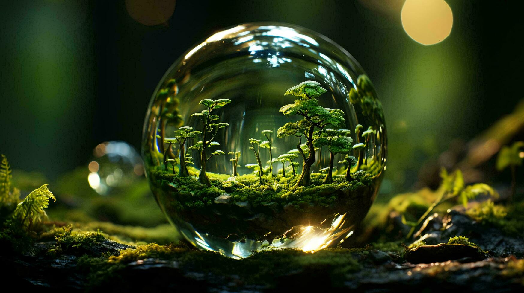 vert les plantes et des arbres dans une verre sphère. le concept de environnement protection et vert respectueux de la nature économie. ai généré photo