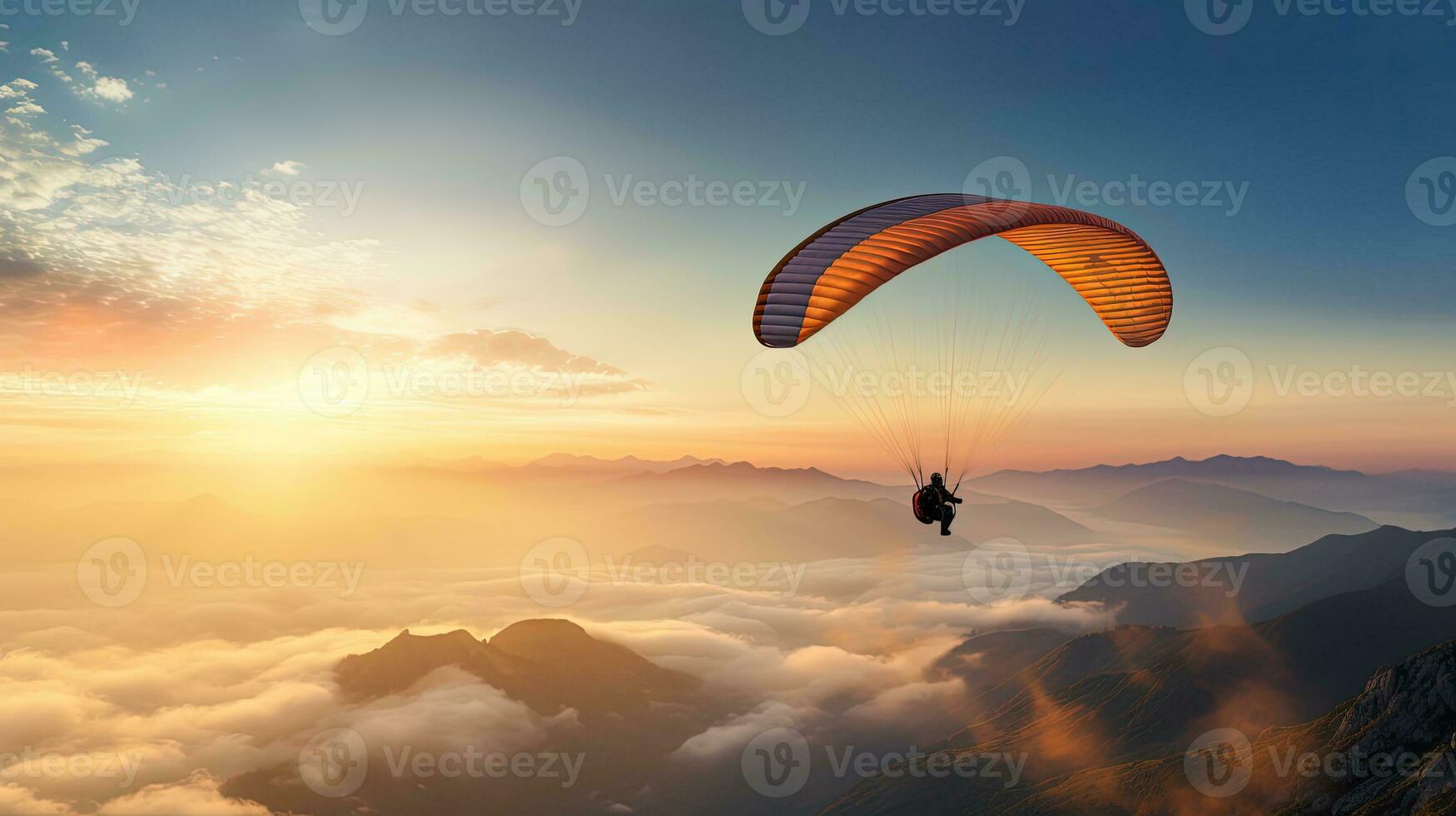 ancien coloré parapente silhouette au dessus brumeux Crimée vallée à lever du soleil photo