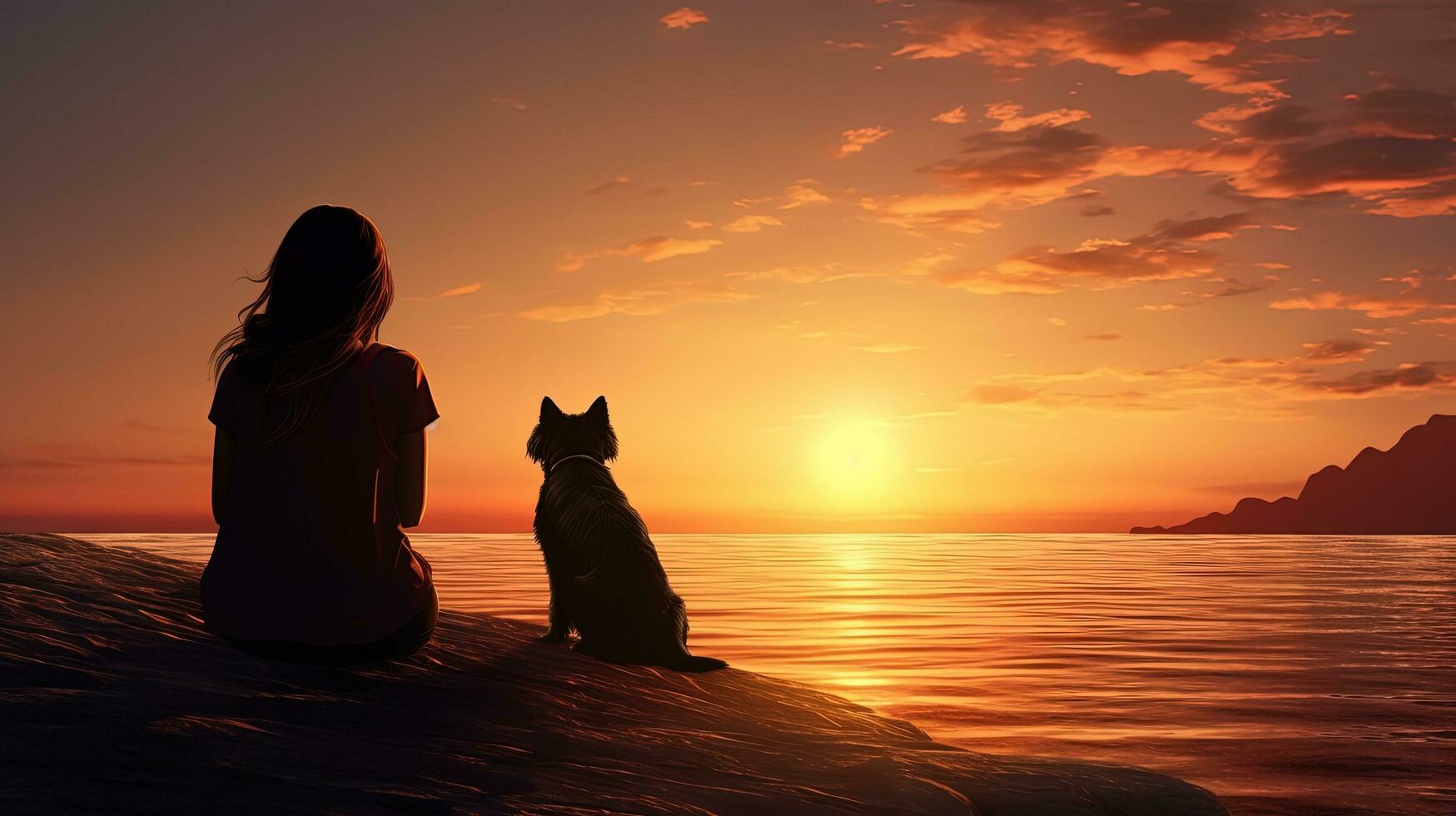 une fille et sa chien prendre plaisir le plage le coucher du soleil dans le baie. silhouette concept photo