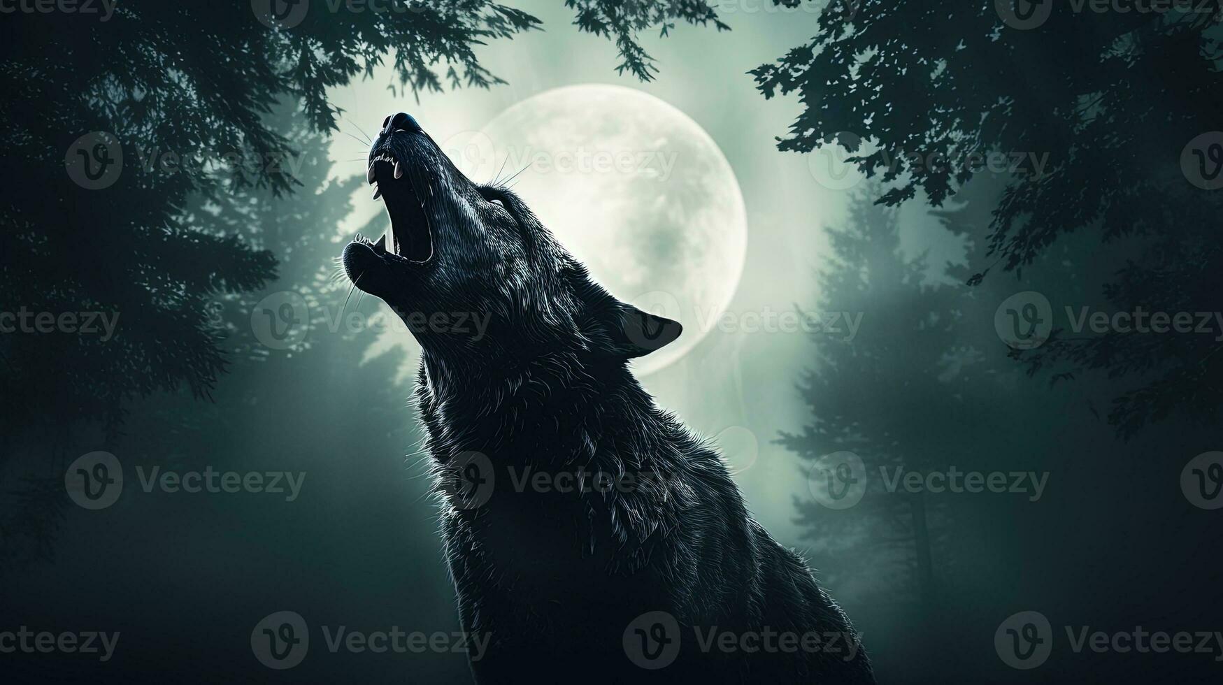 Loup hurlement à plein lune dans sinistre brouillard Halloween horreur thème. silhouette concept photo
