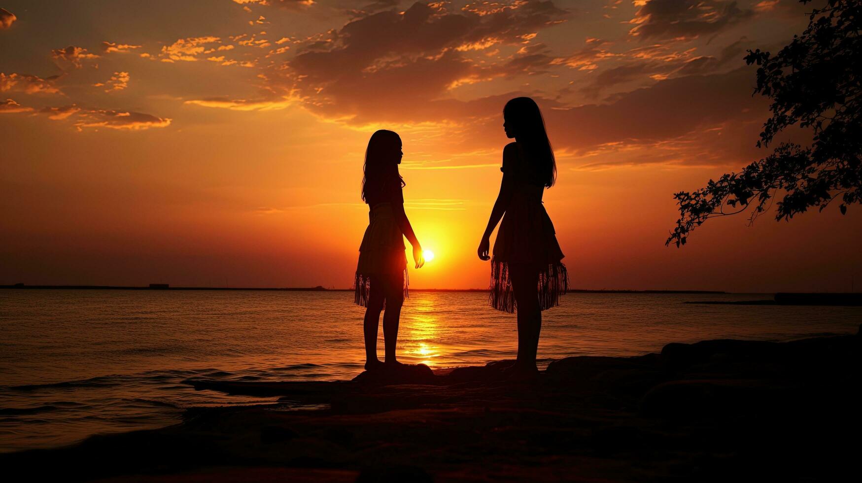 deux les filles silhouettes pendant le coucher du soleil photo