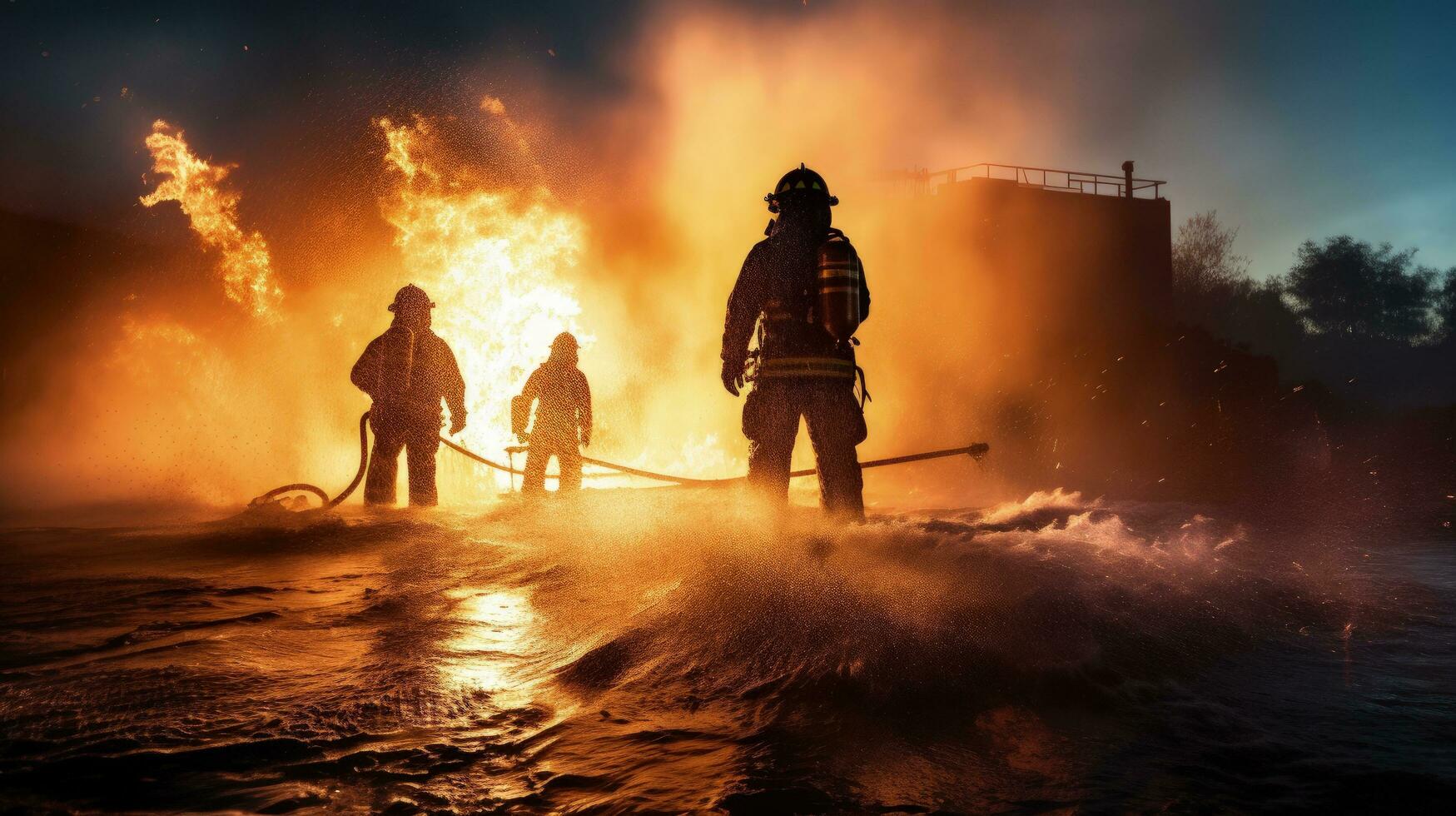 sapeurs pompiers en utilisant haute pression l'eau à bataille une Feu le professionnel pompiers formation pour les urgences professionnel formation pour pompier s sécurité. silhouette concept photo