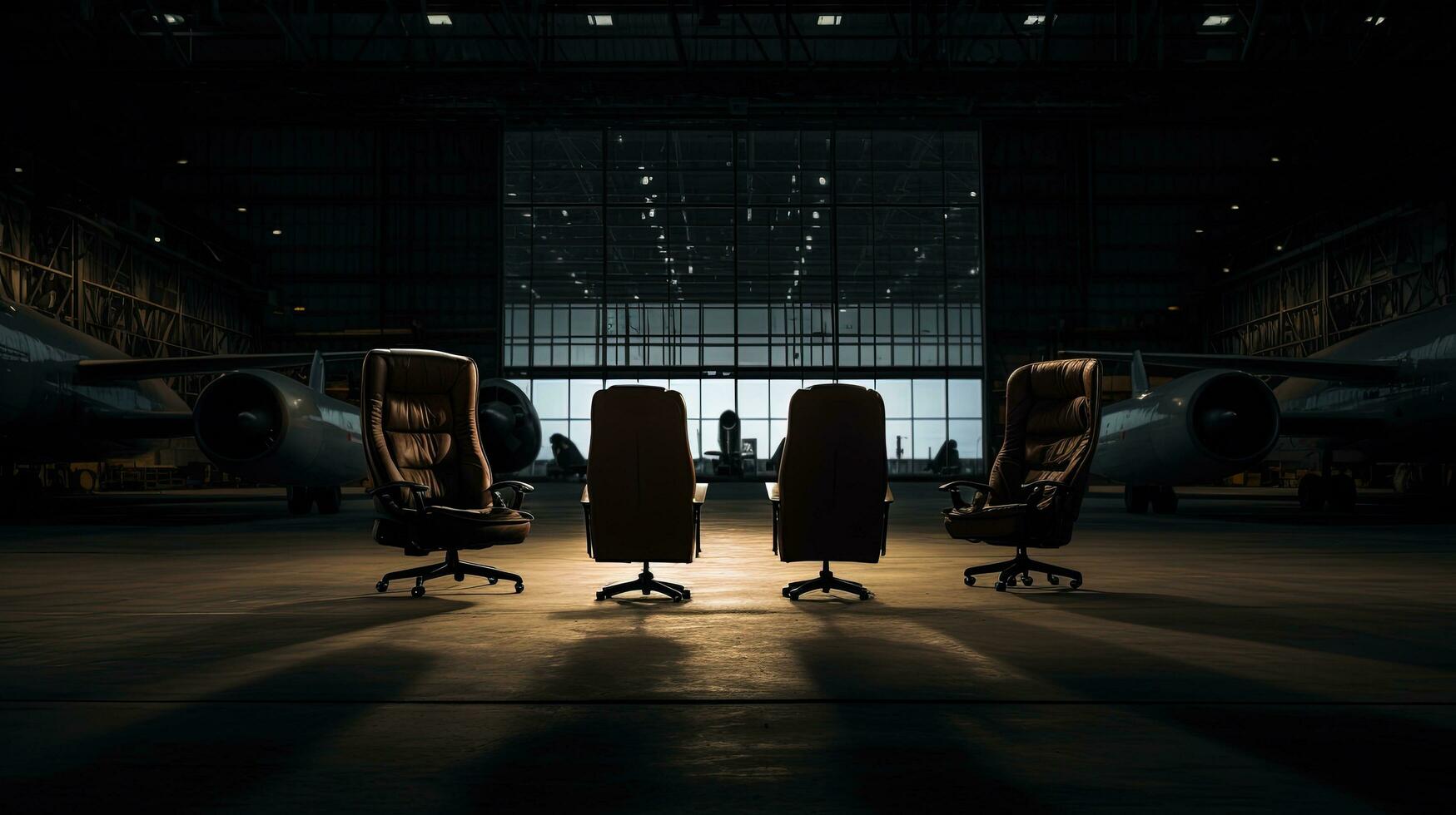 une la personne est assis dans le chaise à le loin droite scratch le sien tête comme quatre chaises occuper le ouvert hangar porte. silhouette concept photo