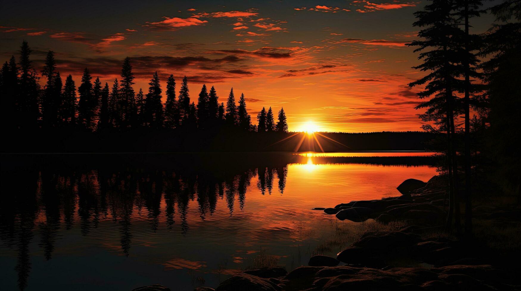 silhouette de des arbres dans de face de une canadien Lac à crépuscule avec une embrasé le coucher du soleil photo