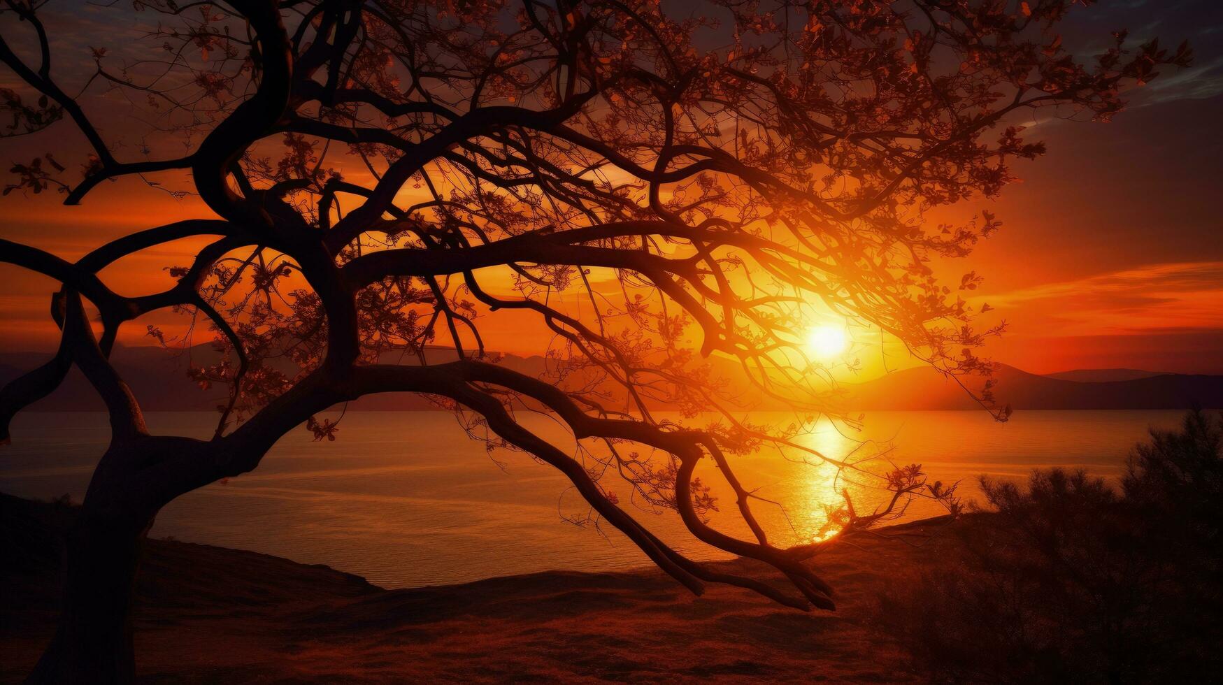 après midi Soleil jette arbre branches comme silhouettes à le coucher du soleil photo