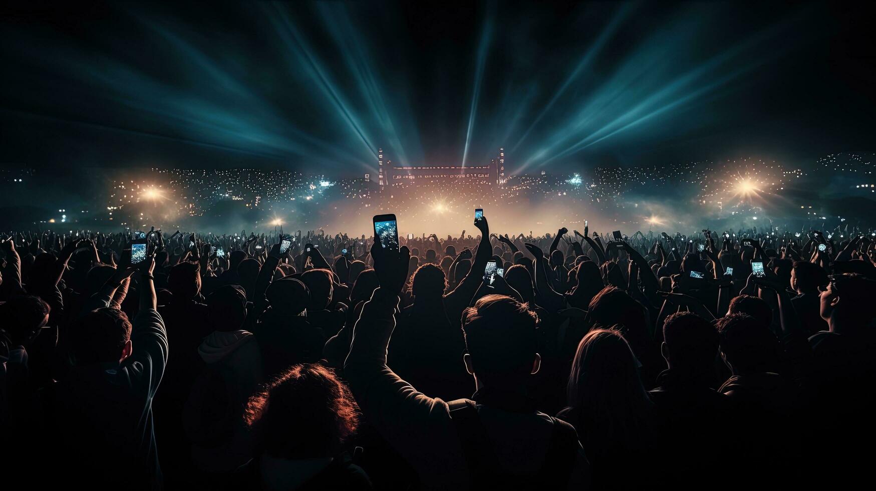 massif foule à la musique Festival enregistrement concert sur téléphones intelligents. silhouette concept photo