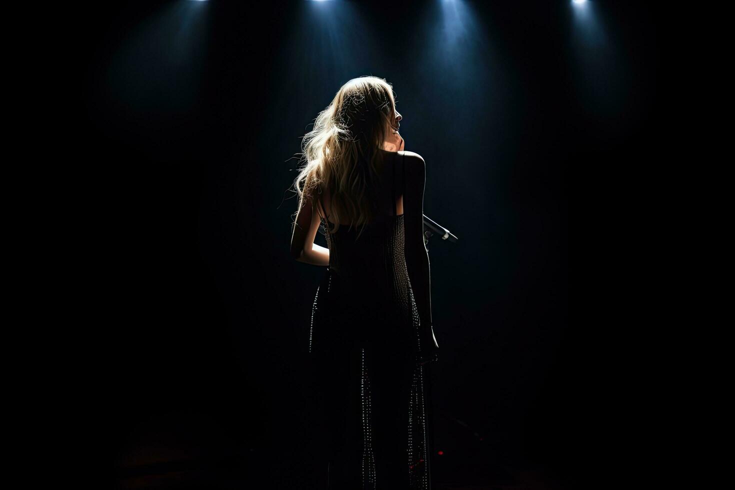 magnifique femme en chantant dans microphone sur étape dans une foncé chambre. magnifique Jeune femme plein arrière vue en chantant dans une microphone sur une foncé arrière-plan, ai généré photo