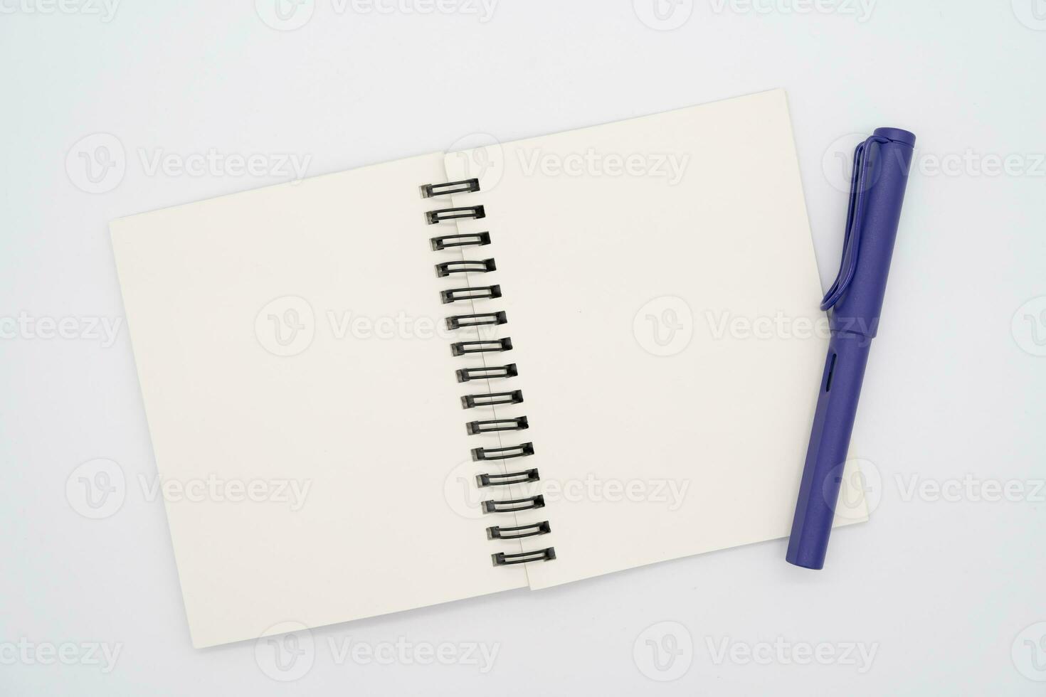 réaliste ouvert carnet avec stylo. verticale Vide cahier avec métallique noir spirale. bloc-notes propager pour votre conception. réaliste cahier avec ombres isolé Contexte. photo