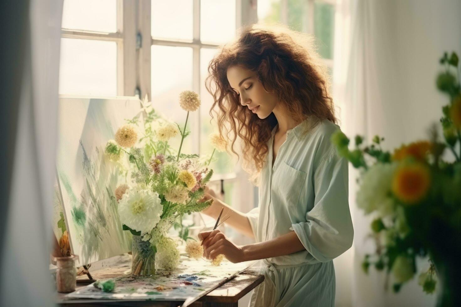 magnifique femme et vase de fleurs dans une pièce avec lumière vert fond d'écran. photo