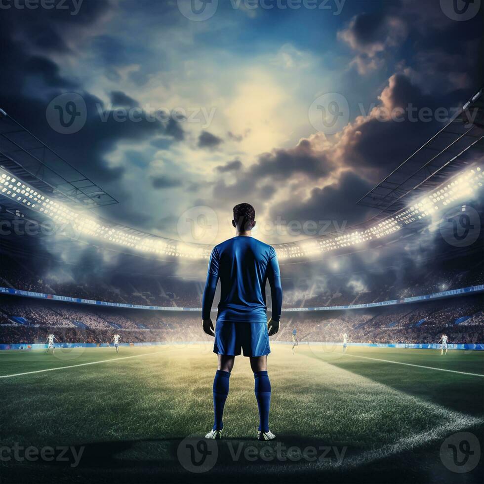 football joueur sur le champ de stade à nuit. photo