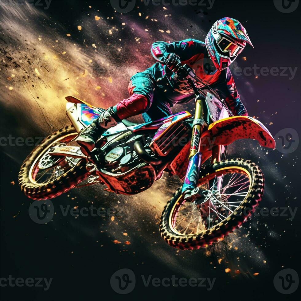 motocross cavalier dans action sur Feu Contexte photo